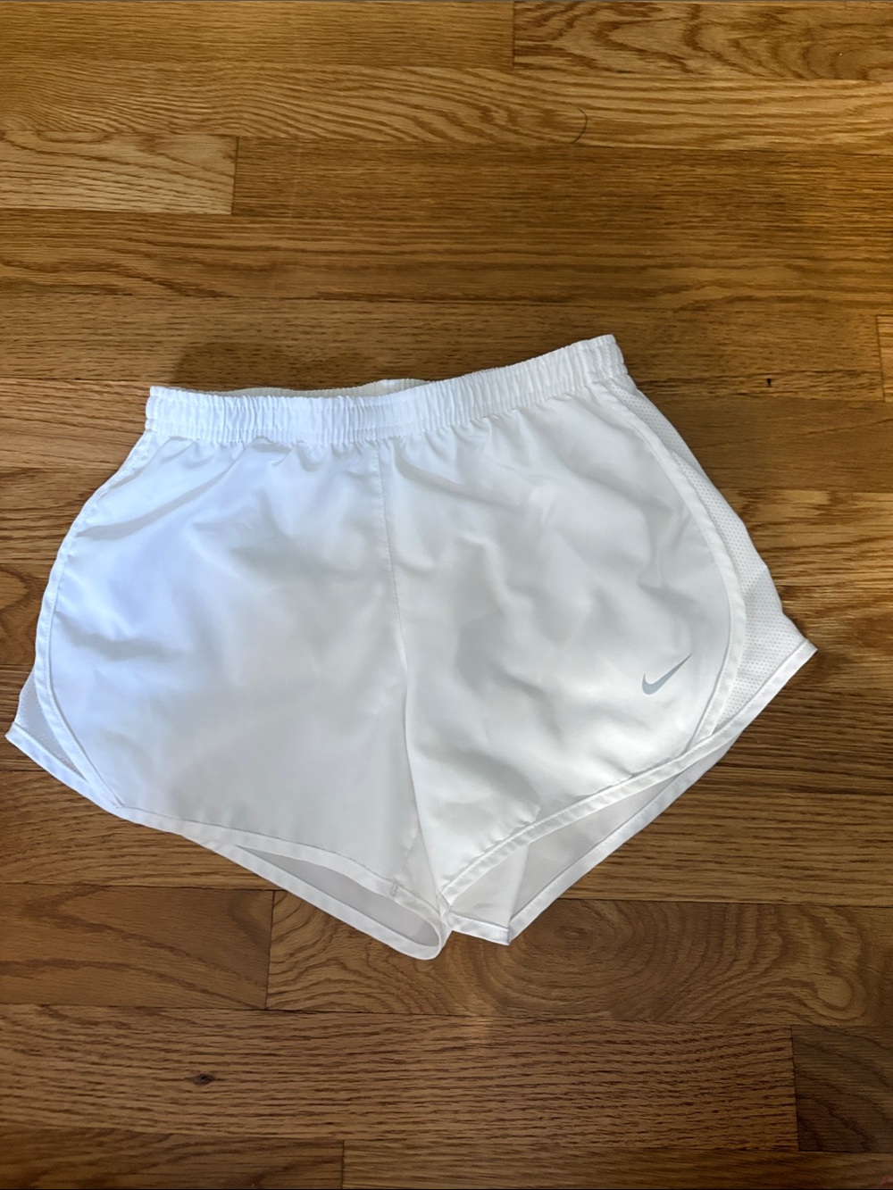 Nike White Kids Athletic Shorts with Silver Swoosh